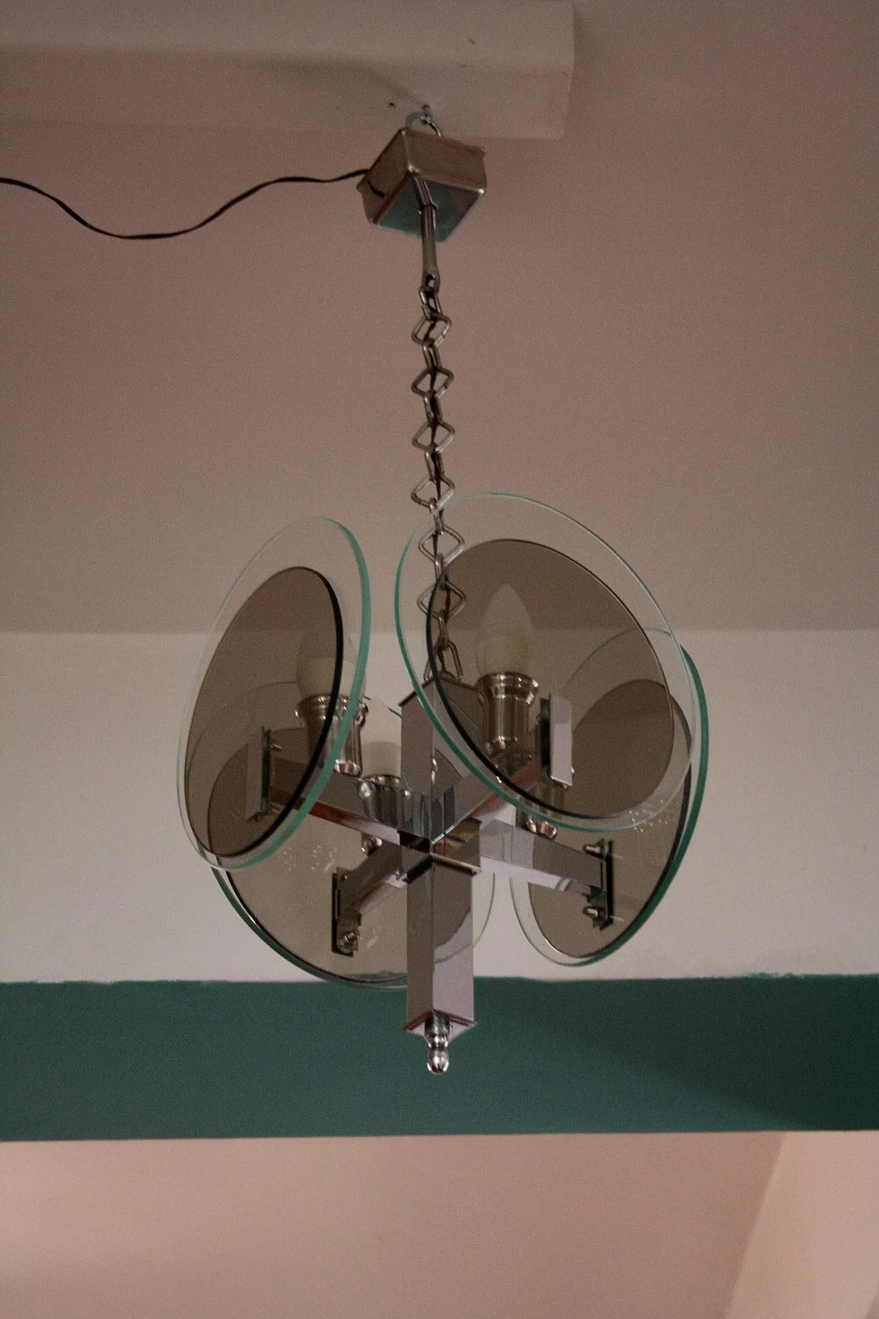 Art Deco chandelier in chromed metal and glass, 1970s 3