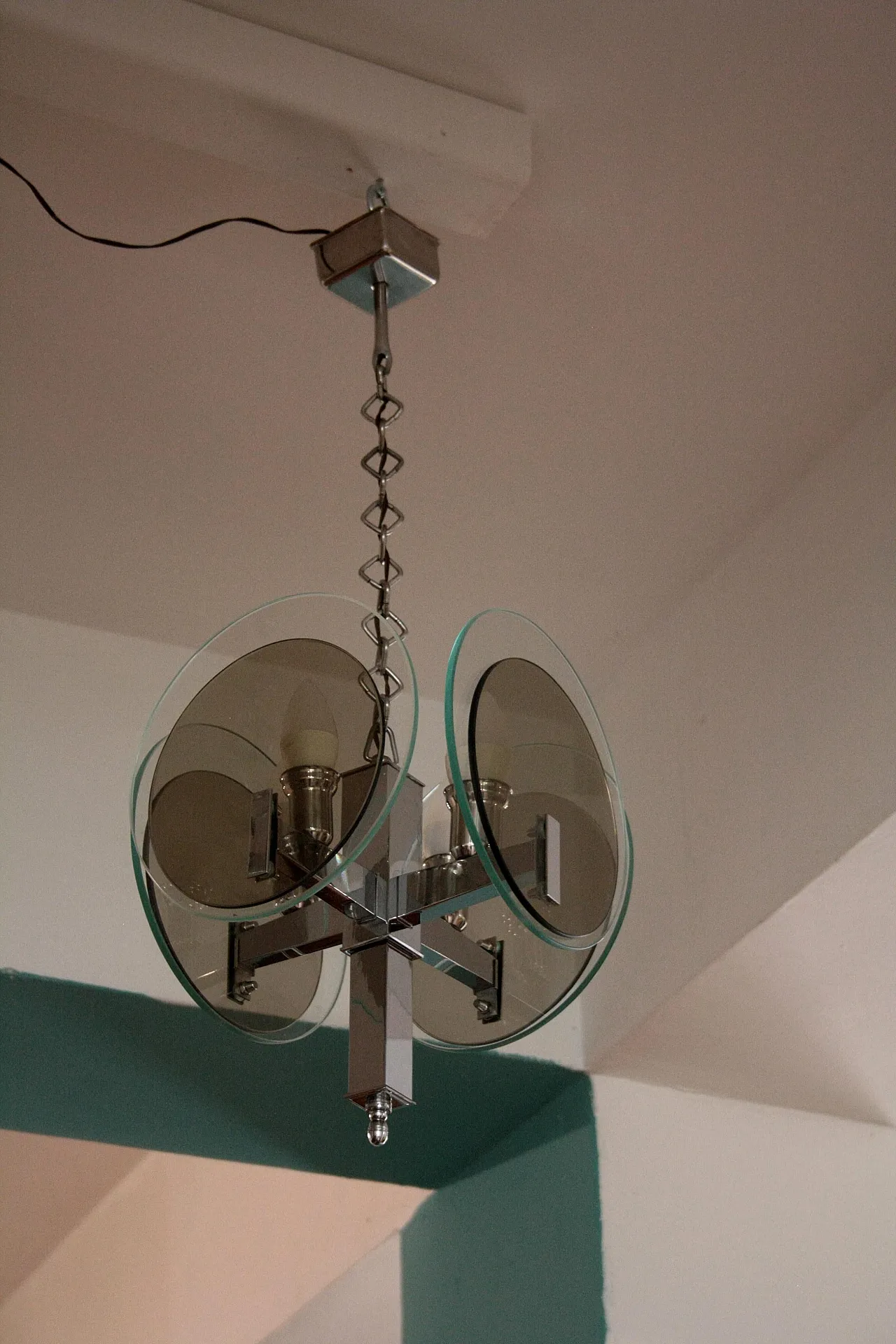 Art Deco chandelier in chromed metal and glass, 1970s 4