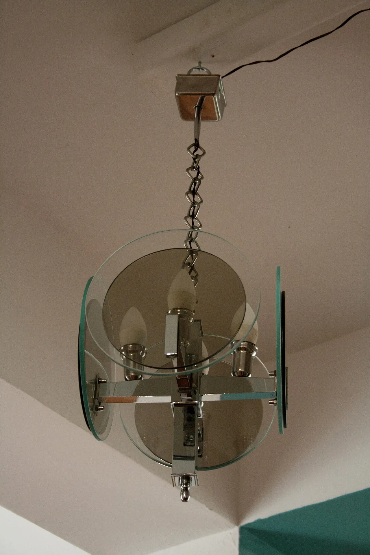 Art Deco chandelier in chromed metal and glass, 1970s 5