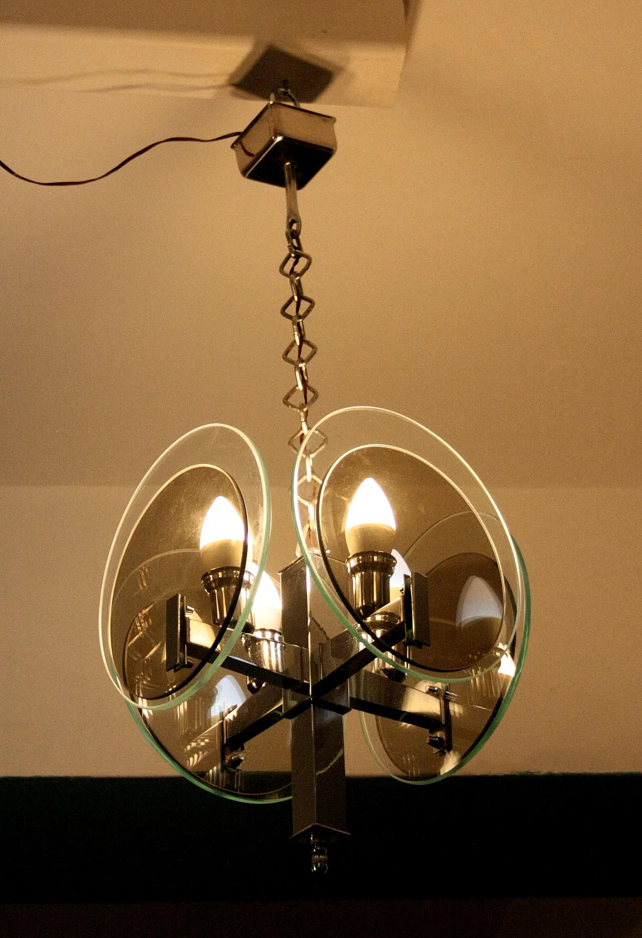 Art Deco chandelier in chromed metal and glass, 1970s 9