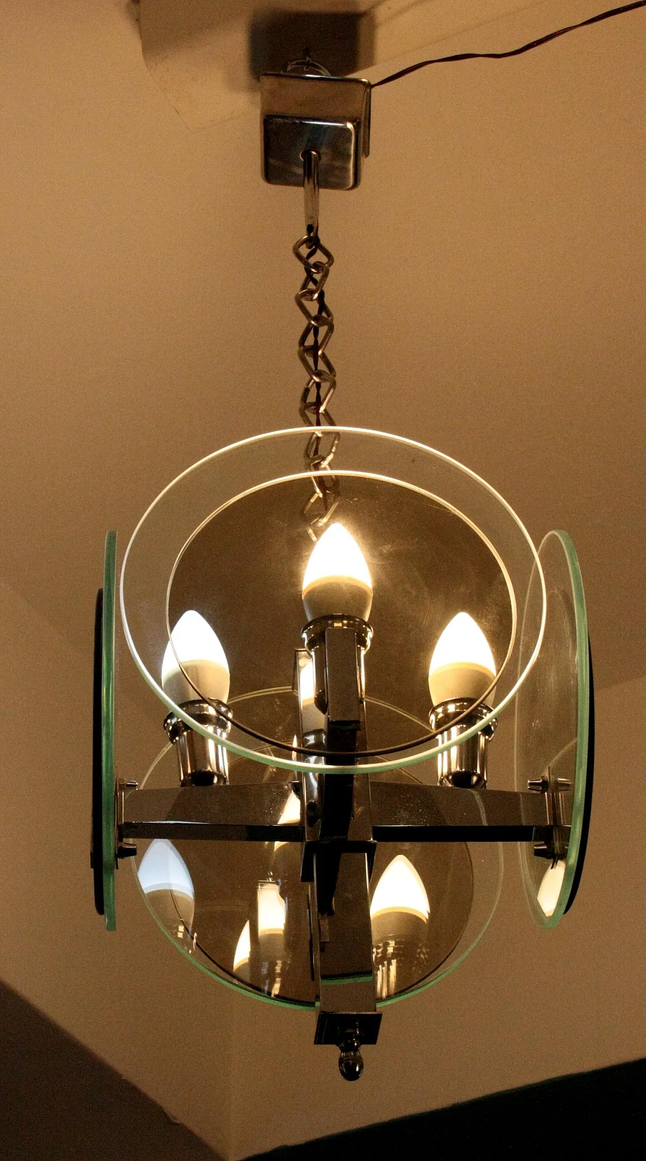 Art Deco chandelier in chromed metal and glass, 1970s 10