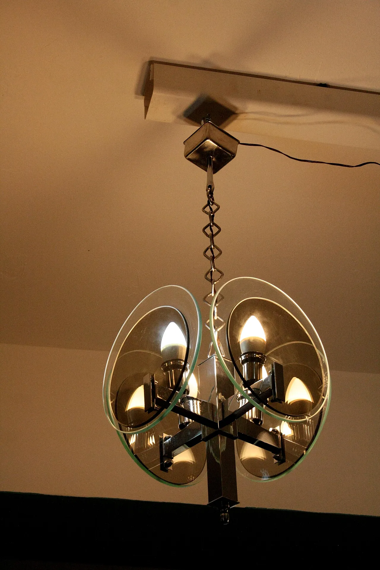 Art Deco chandelier in chromed metal and glass, 1970s 11