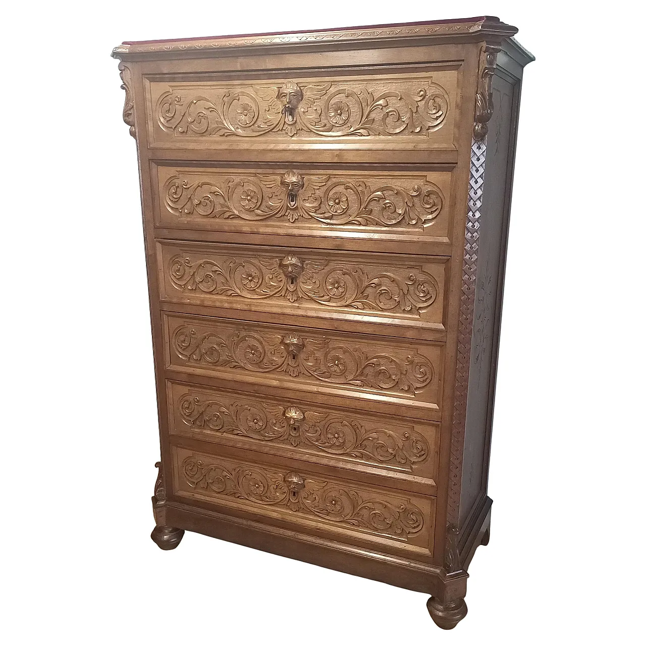 Chest of Drawers in carved nutwood and velvet top, 19th century 1