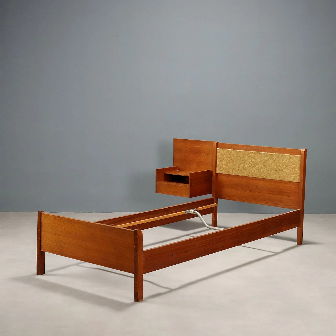 Bed with bedside table in teak veneer and fabric, 1960s 1