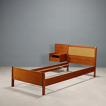 Bed with bedside table in teak veneer and fabric, 1960s