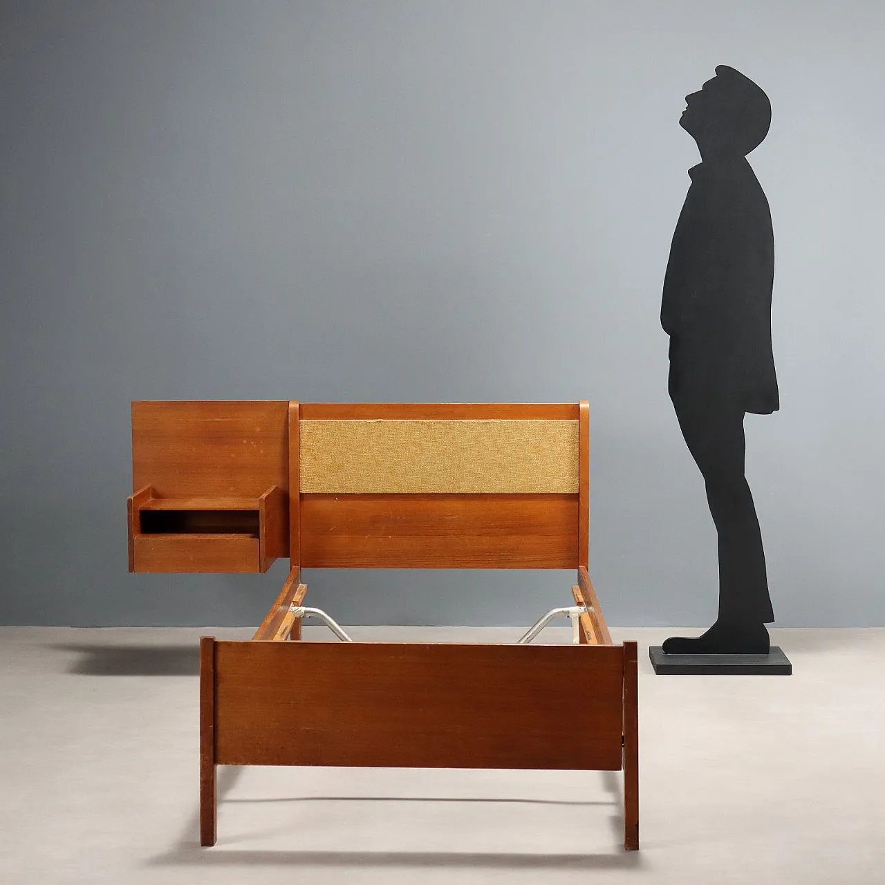 Bed with bedside table in teak veneer and fabric, 1960s 2