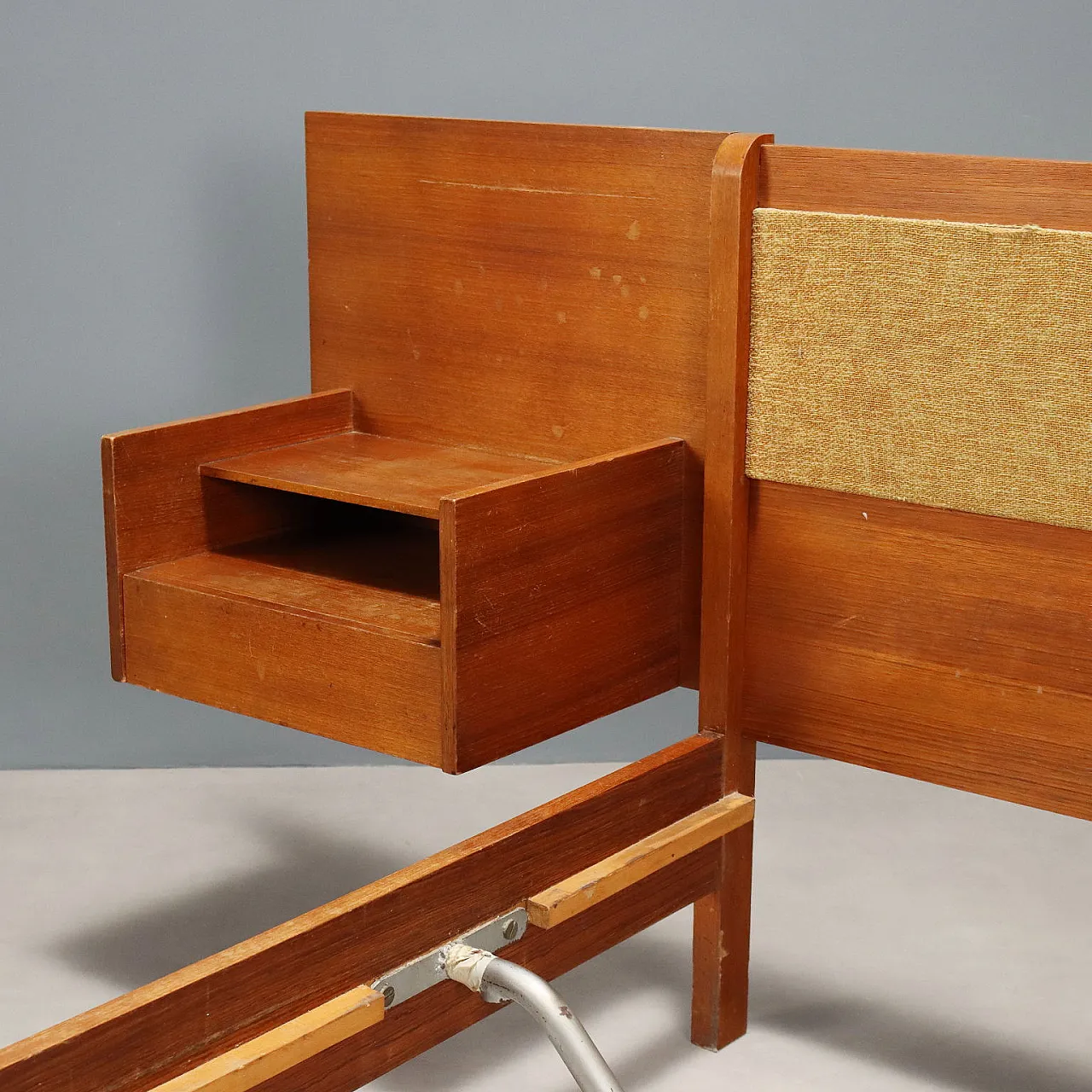 Bed with bedside table in teak veneer and fabric, 1960s 3