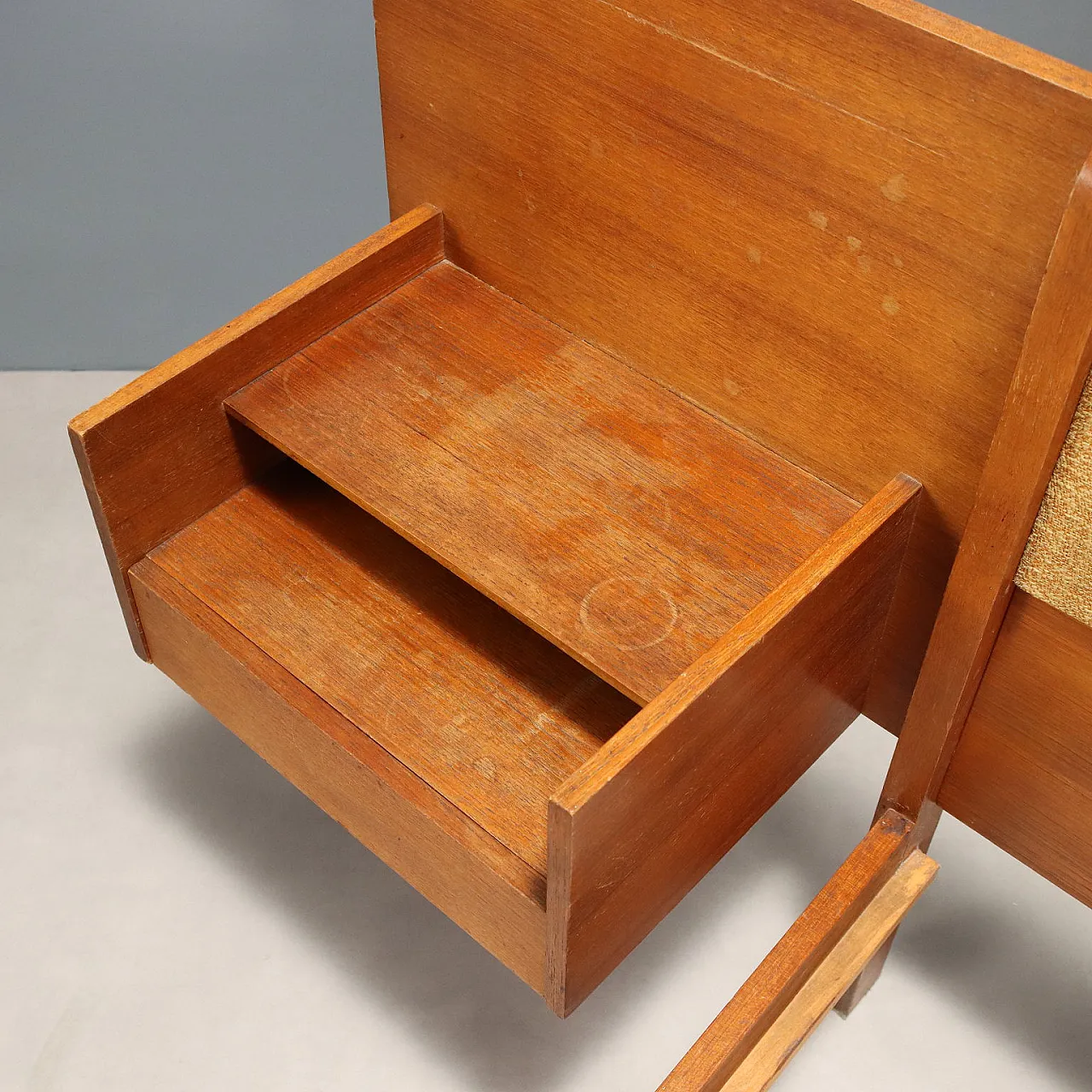 Bed with bedside table in teak veneer and fabric, 1960s 4