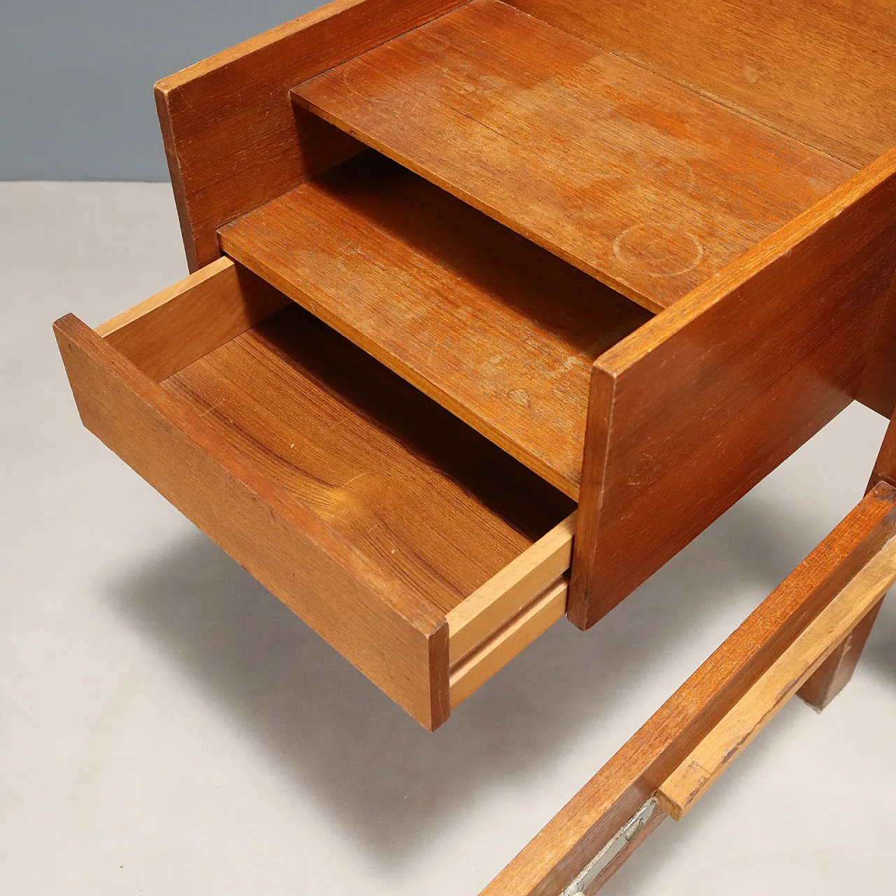 Bed with bedside table in teak veneer and fabric, 1960s 5