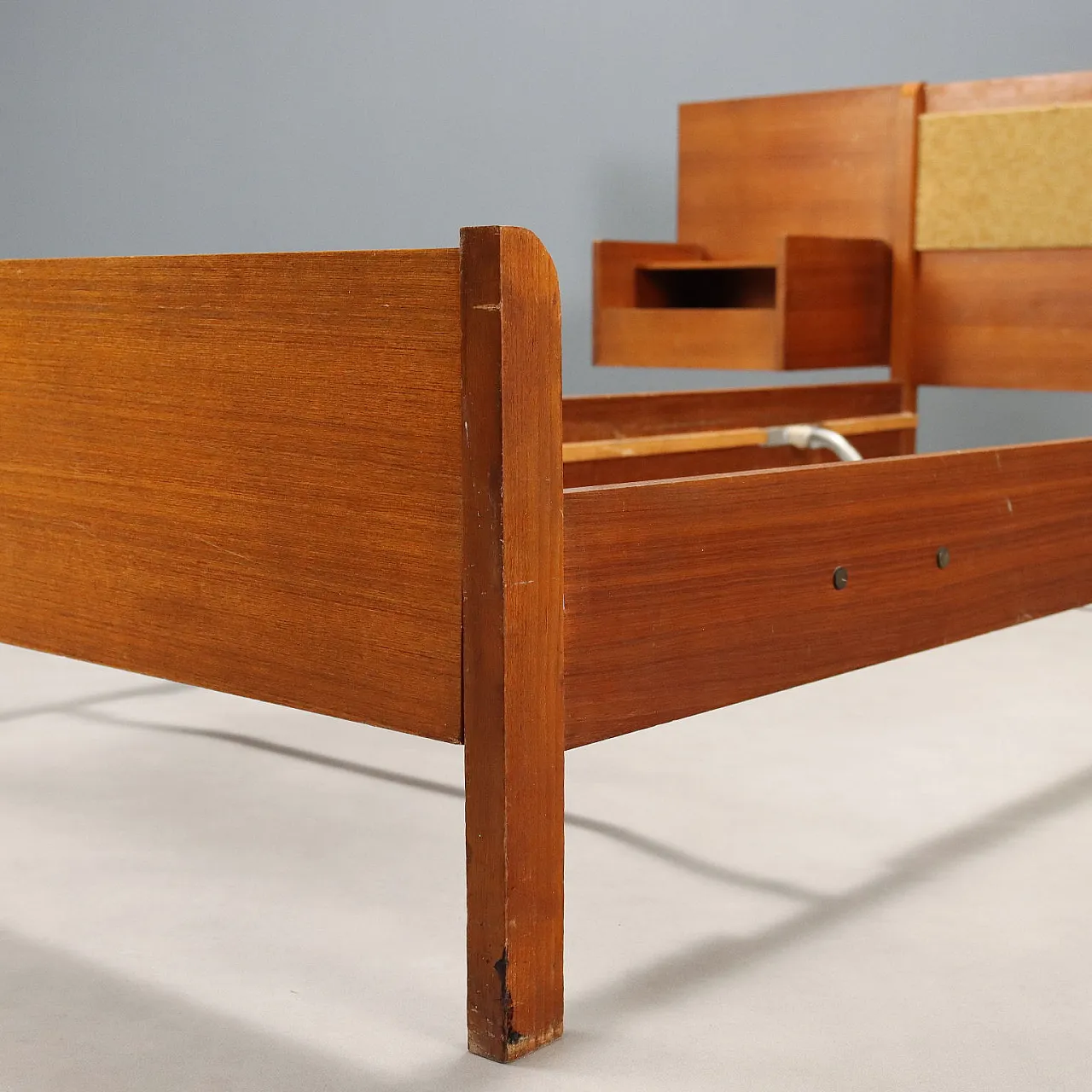 Bed with bedside table in teak veneer and fabric, 1960s 6