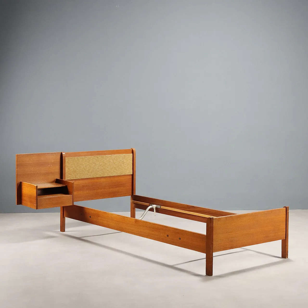 Bed with bedside table in teak veneer and fabric, 1960s 7