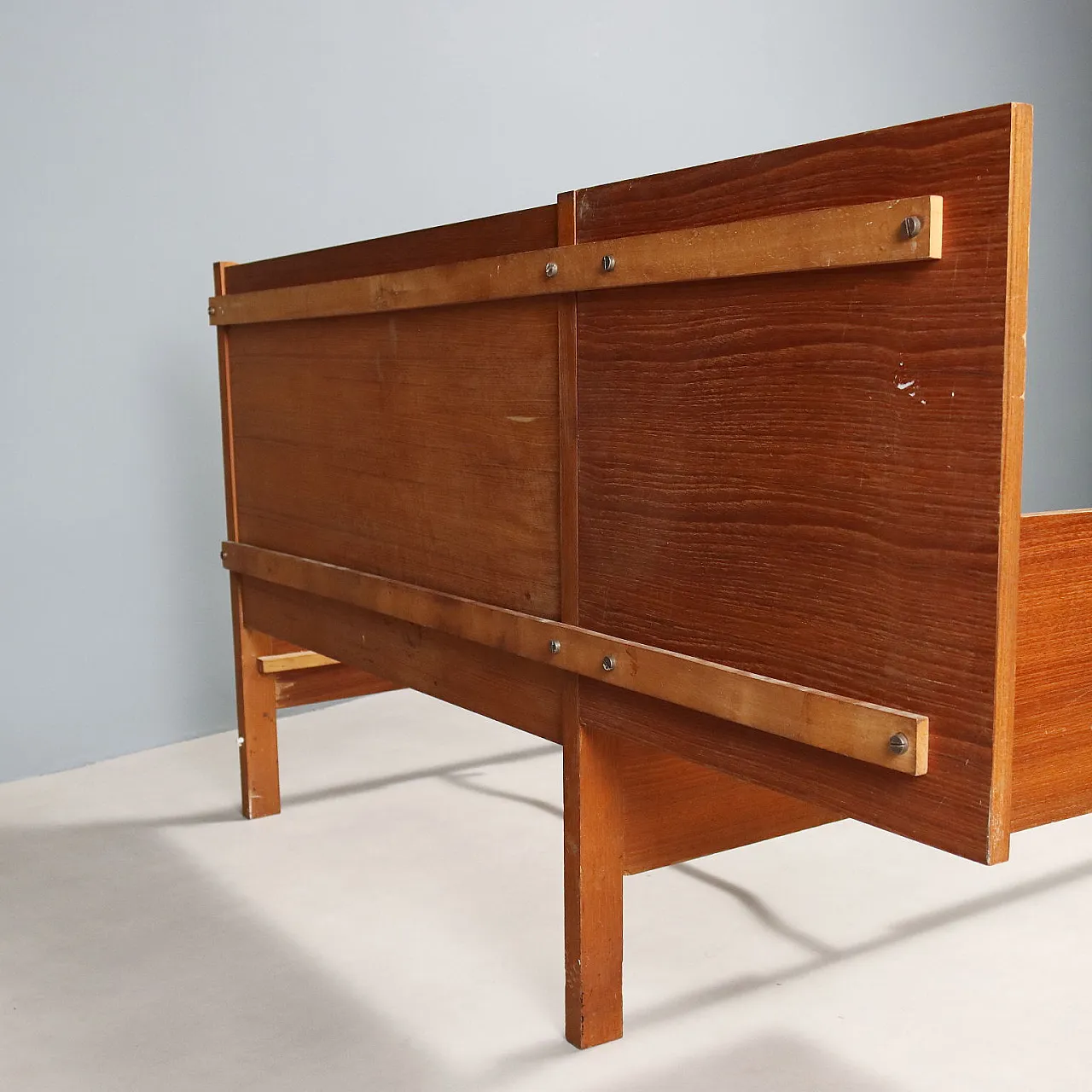 Bed with bedside table in teak veneer and fabric, 1960s 8