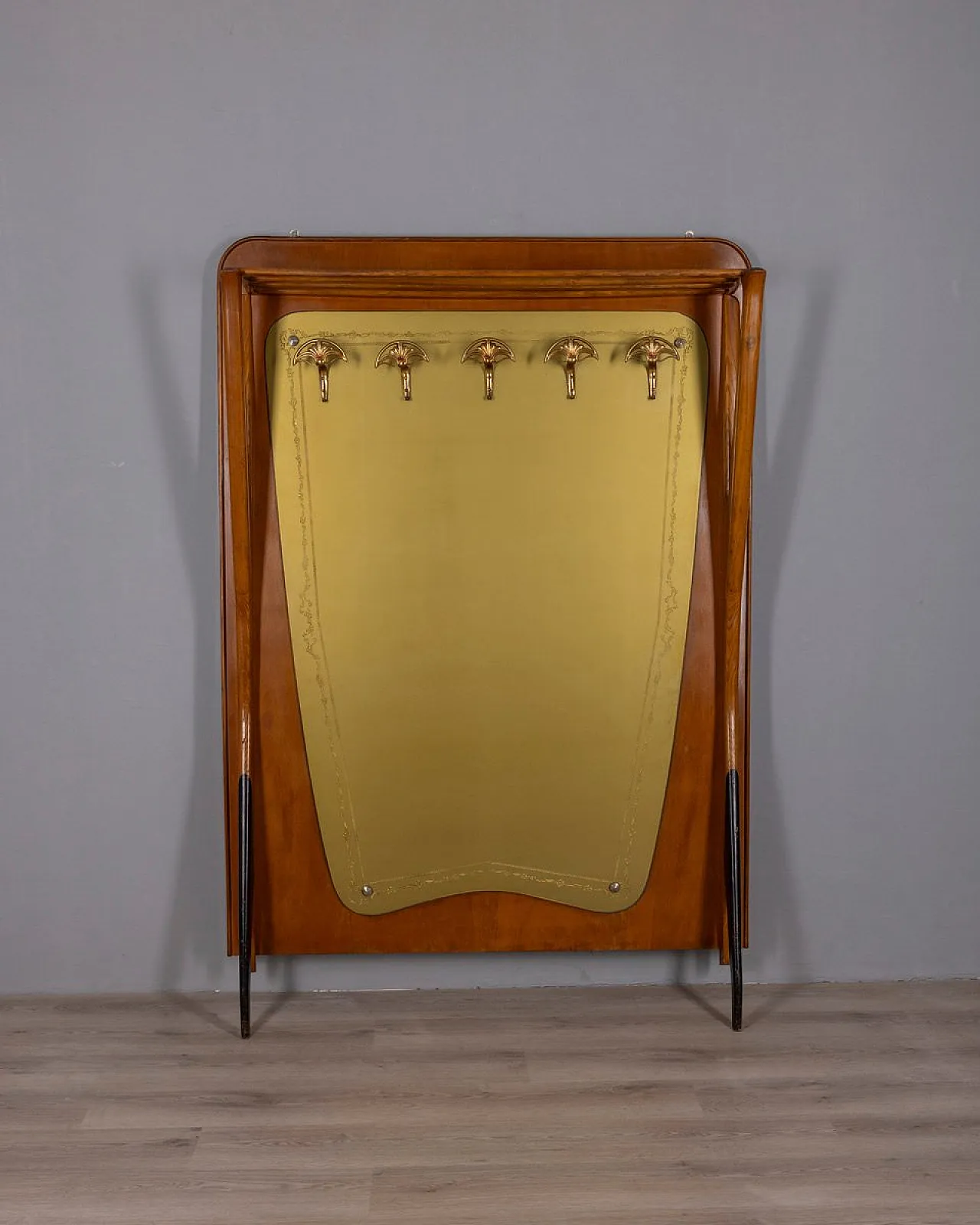 Wall coat rack in wood and decorated glass, 1950s 1