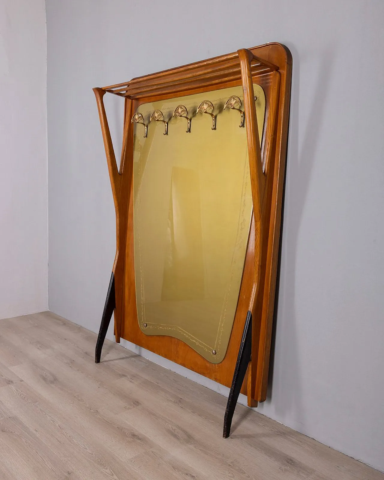 Wall coat rack in wood and decorated glass, 1950s 2