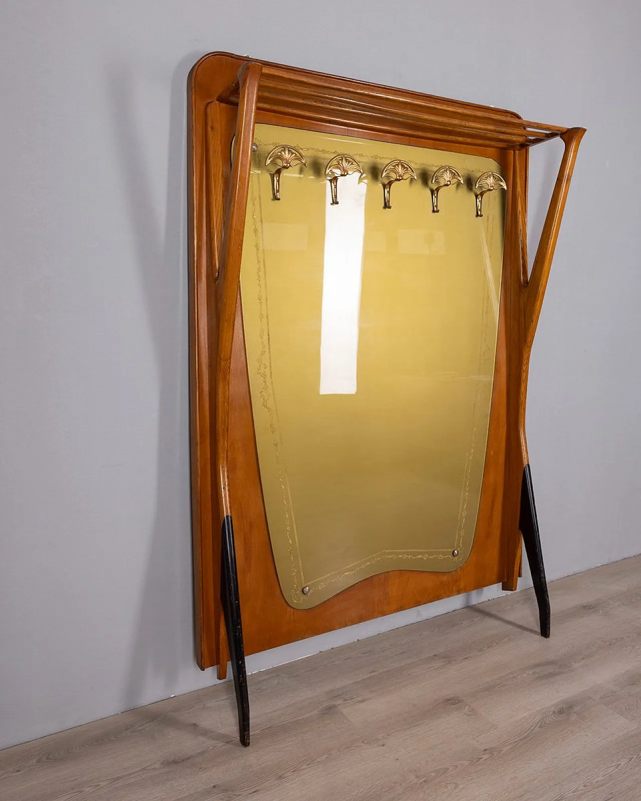 Wall coat rack in wood and decorated glass, 1950s 3