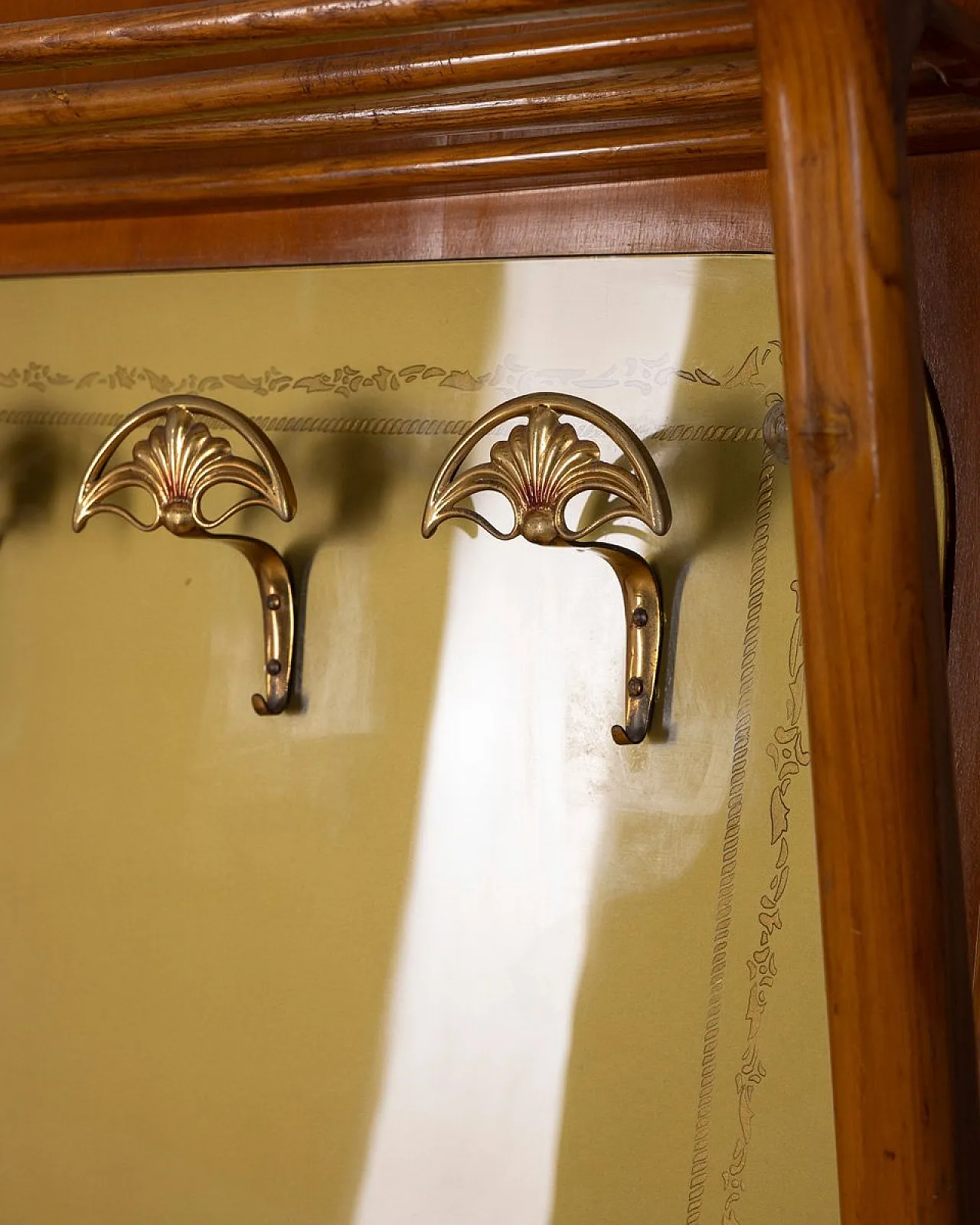 Wall coat rack in wood and decorated glass, 1950s 4