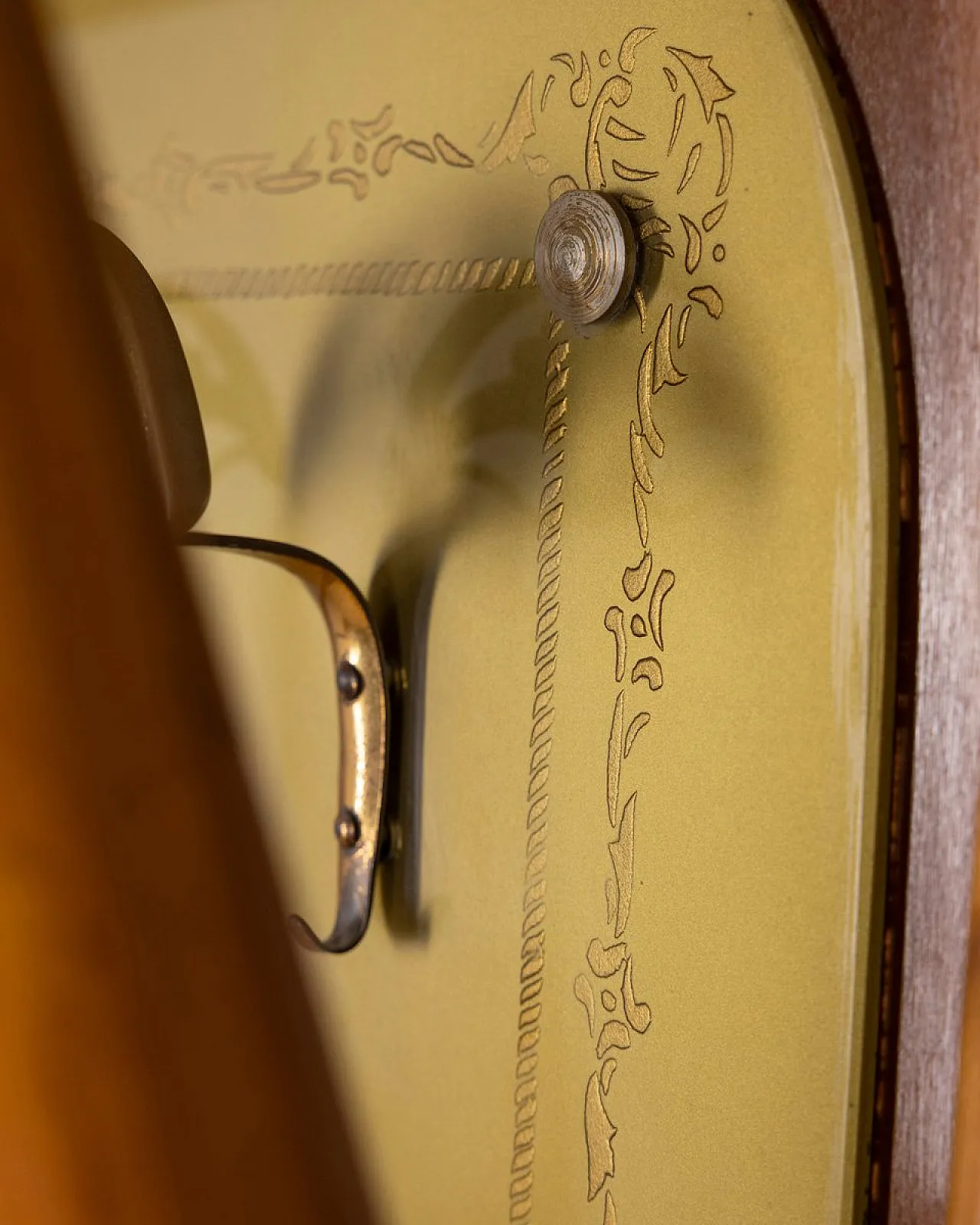 Wall coat rack in wood and decorated glass, 1950s 10