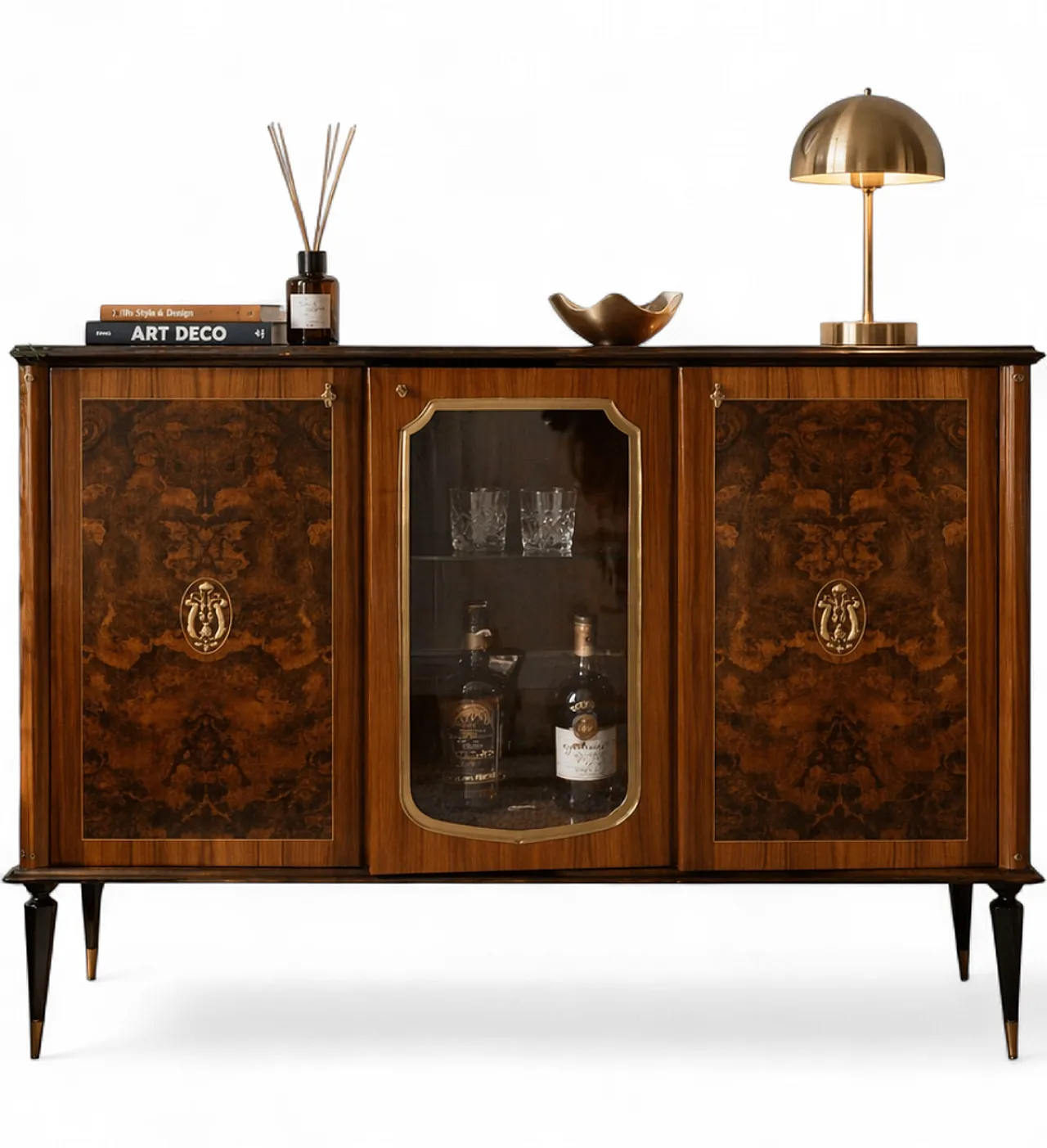 Sideboard / bar cabinet in briar wood brass details, late 1950s 12