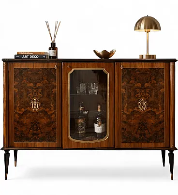 Credenza bar in radica–dettagli ottone, anni ’50