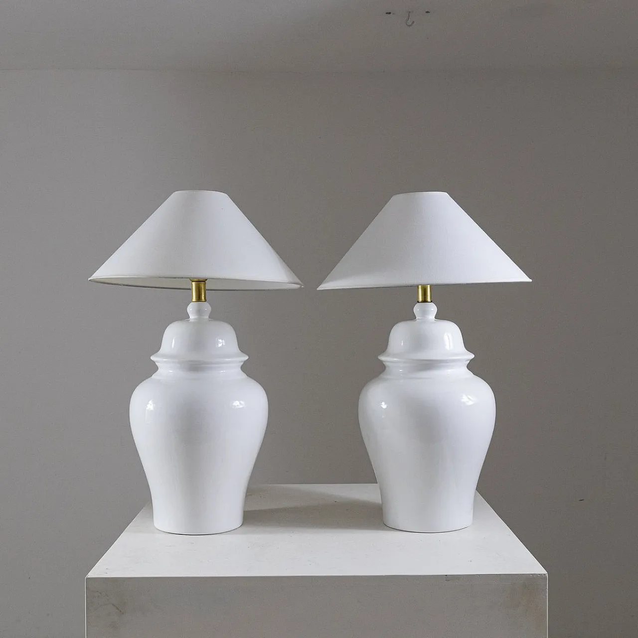 Pair of white table lamps by Tommaso Barbi, 1970s 1