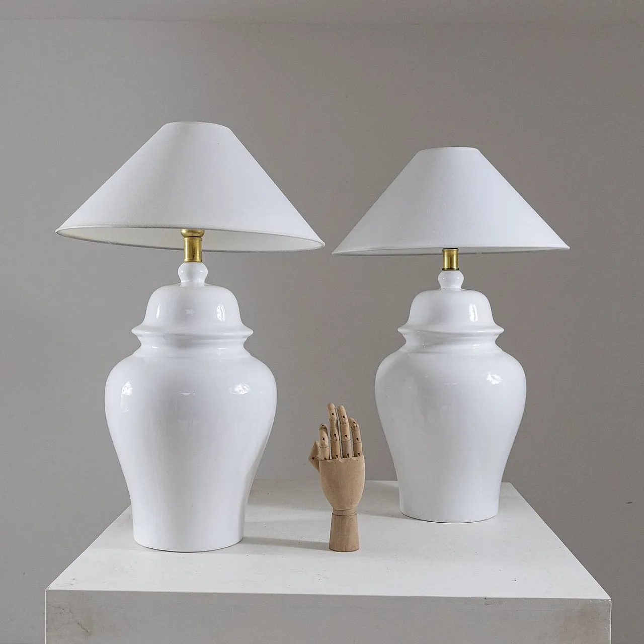 Pair of white table lamps by Tommaso Barbi, 1970s 2