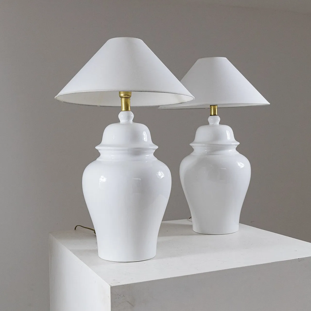 Pair of white table lamps by Tommaso Barbi, 1970s 3