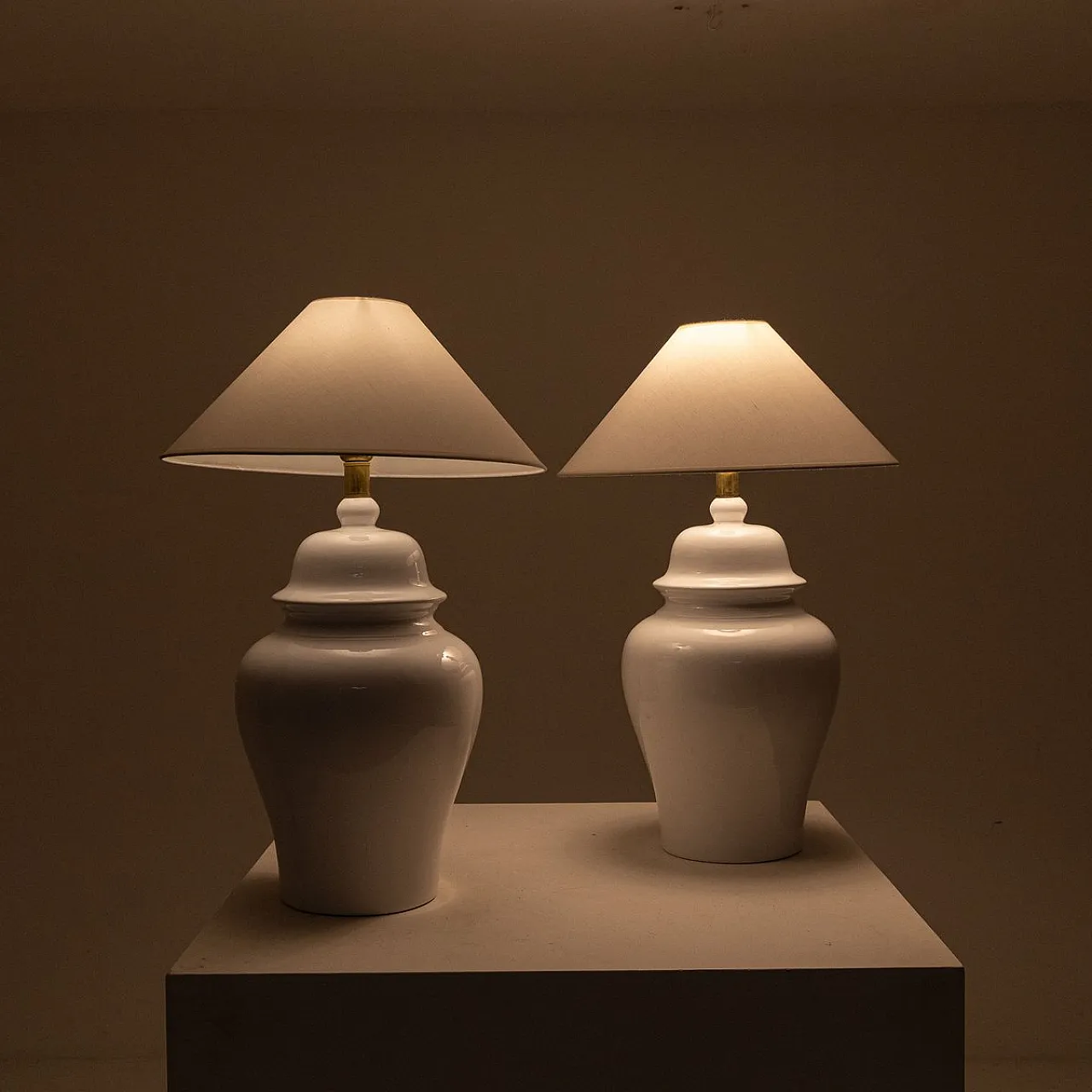 Pair of white table lamps by Tommaso Barbi, 1970s 4