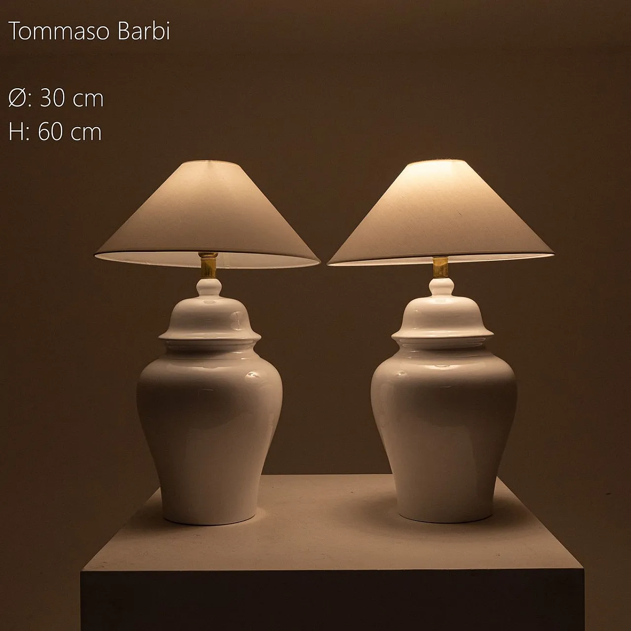 Pair of white table lamps by Tommaso Barbi, 1970s 6