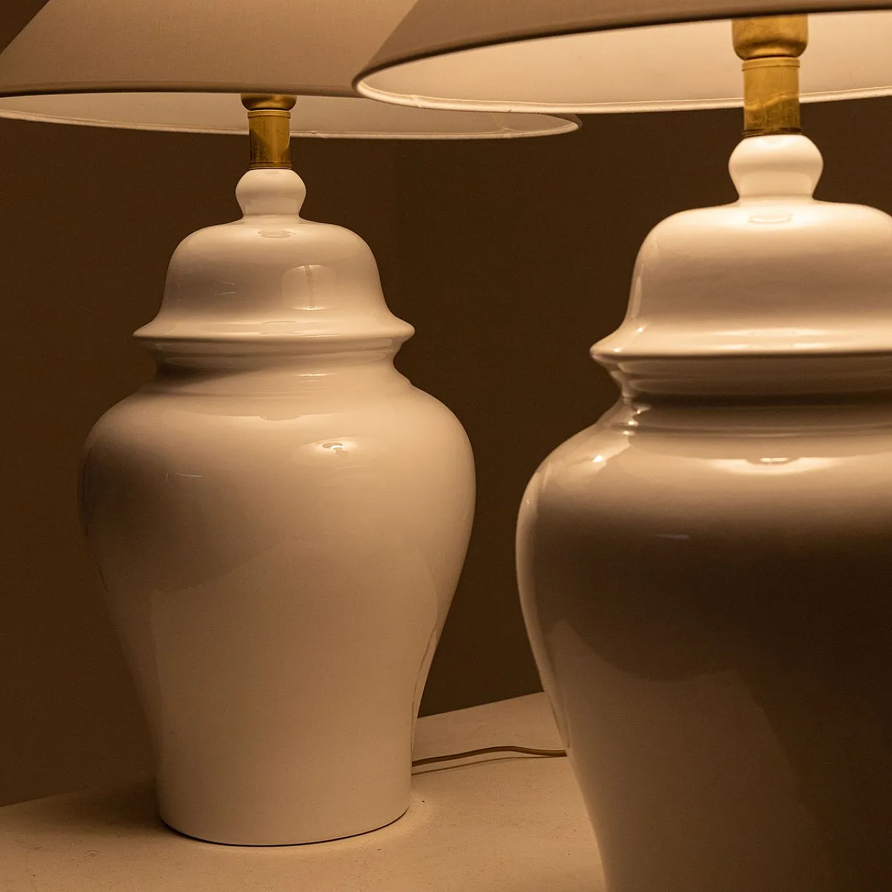 Pair of white table lamps by Tommaso Barbi, 1970s 7