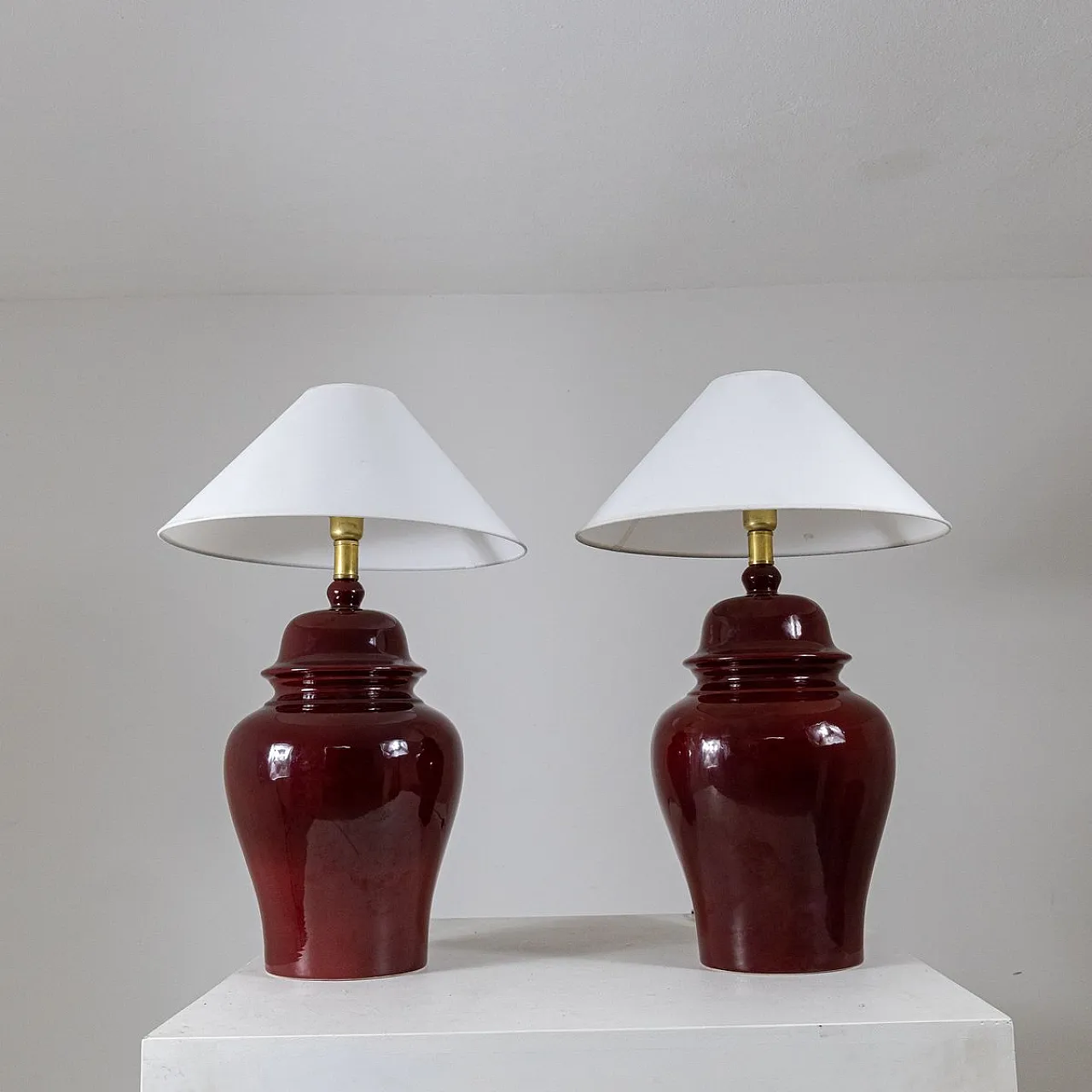Pair of red table lamps by Tommaso Barbi, 1970s 1