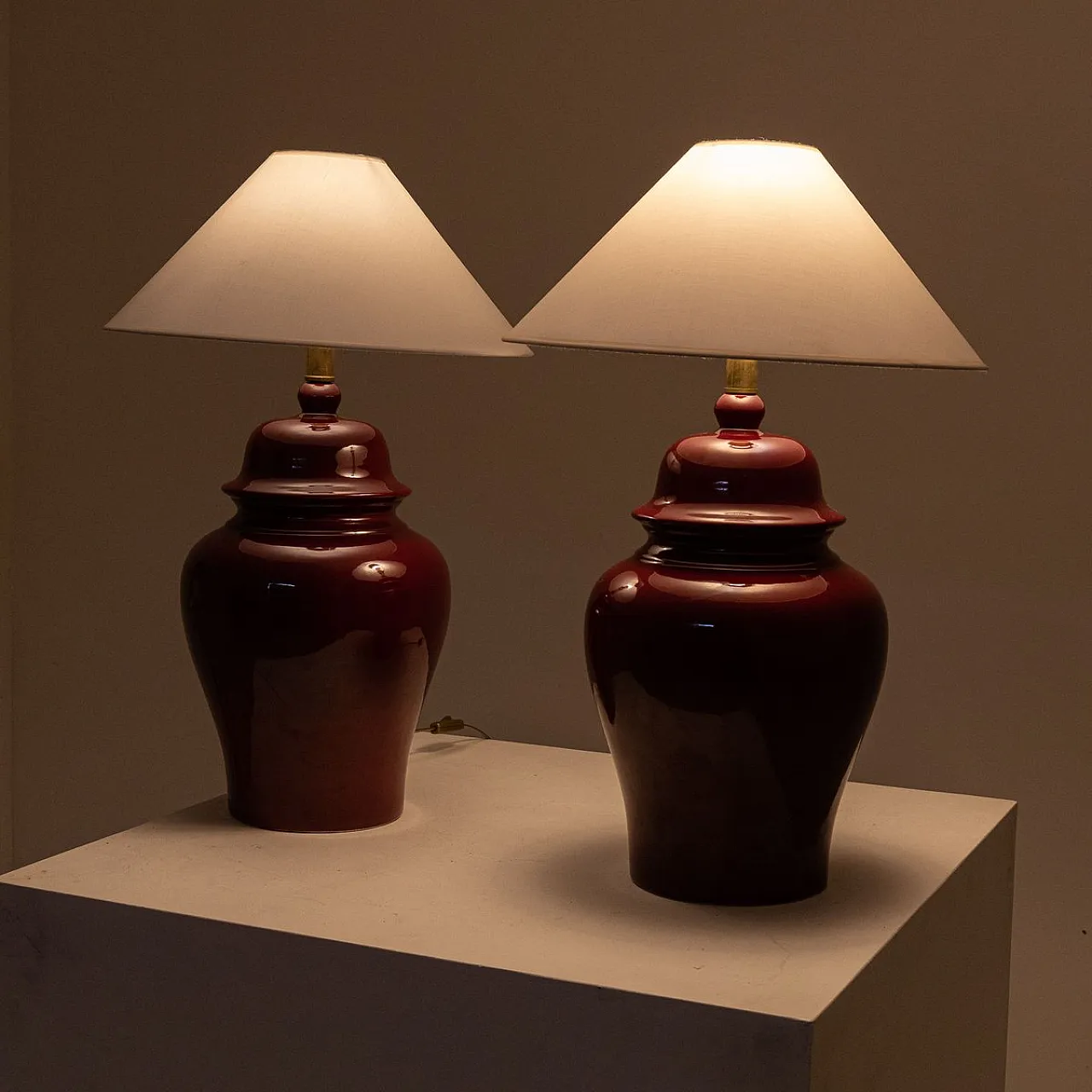 Pair of red table lamps by Tommaso Barbi, 1970s 3