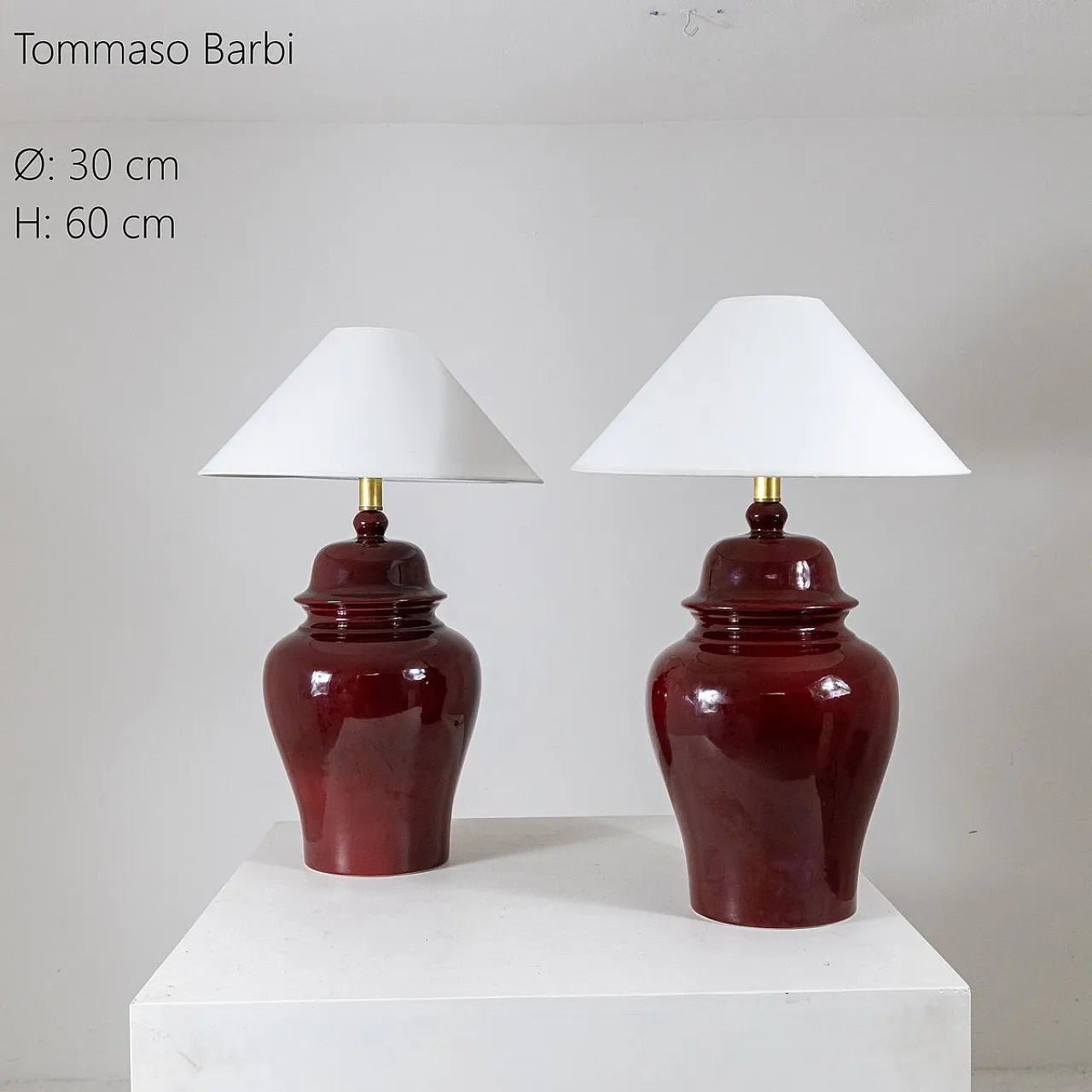 Pair of red table lamps by Tommaso Barbi, 1970s 5