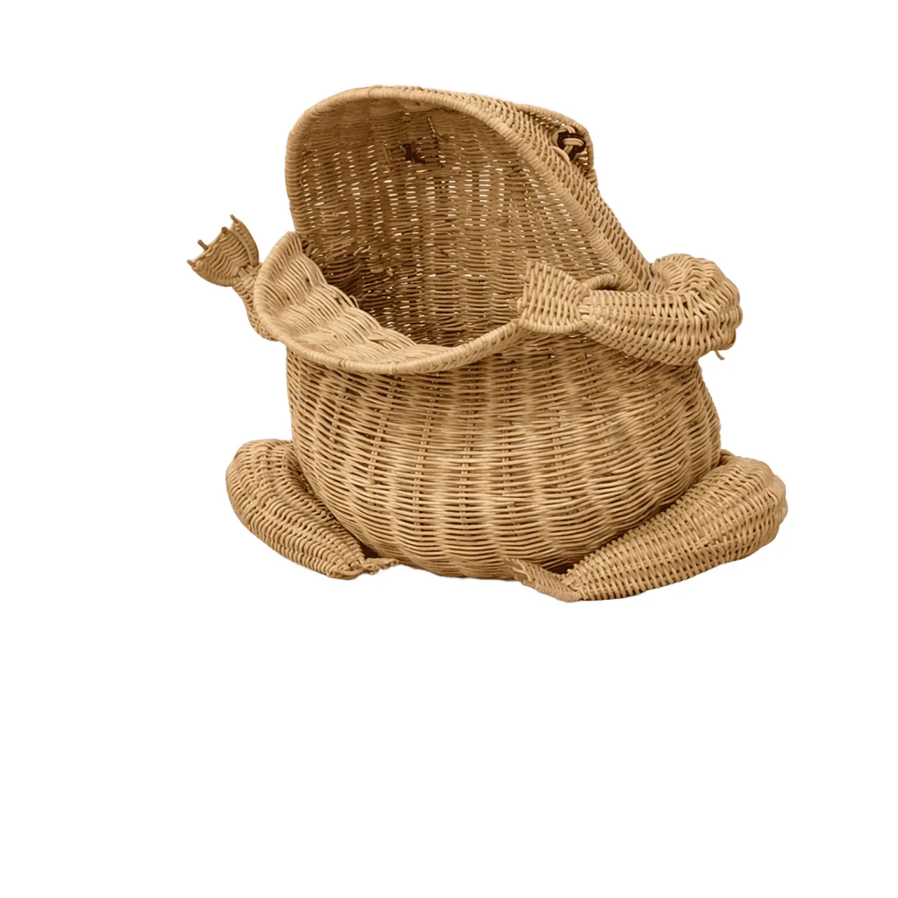 Frog-shaped magazine basket in woven rattan 1