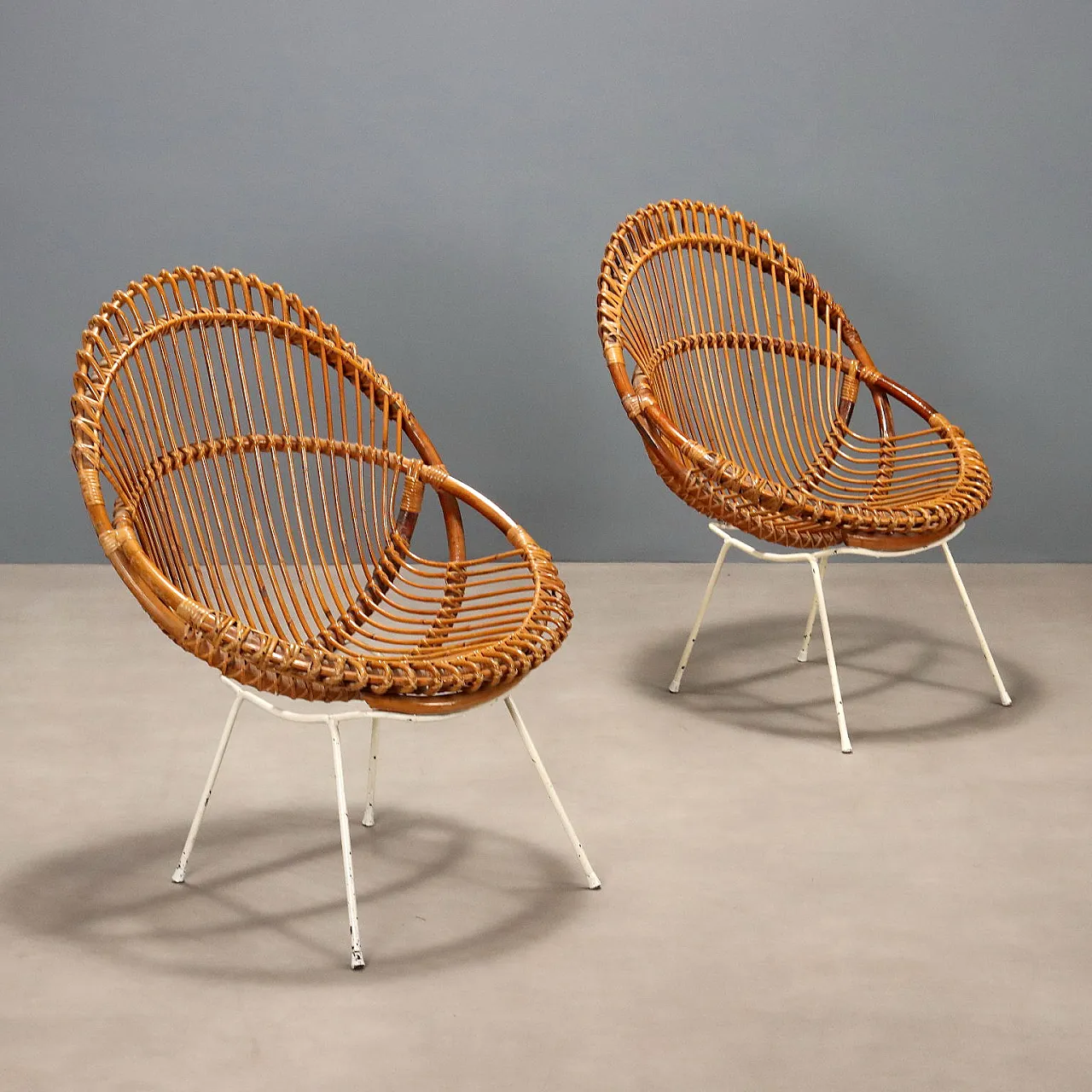 Pair of armchairs in wicker and bamboo, 1960s 1