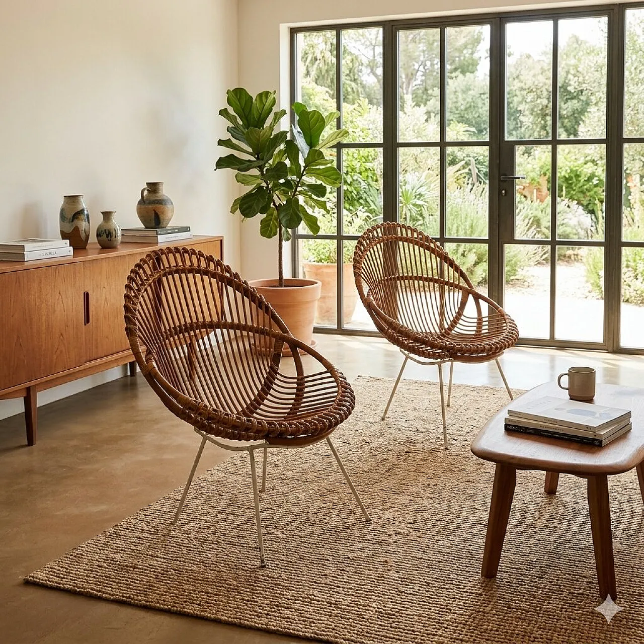 Pair of armchairs in wicker and bamboo, 1960s 2