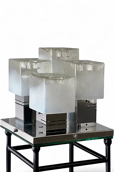 Brutalist ceiling light by Gaetano Sciolari ice Glass and Chrome, 70s
