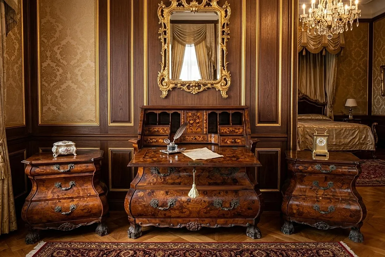 Ribalta and pair of inlaid bedside tables, 18th century 2