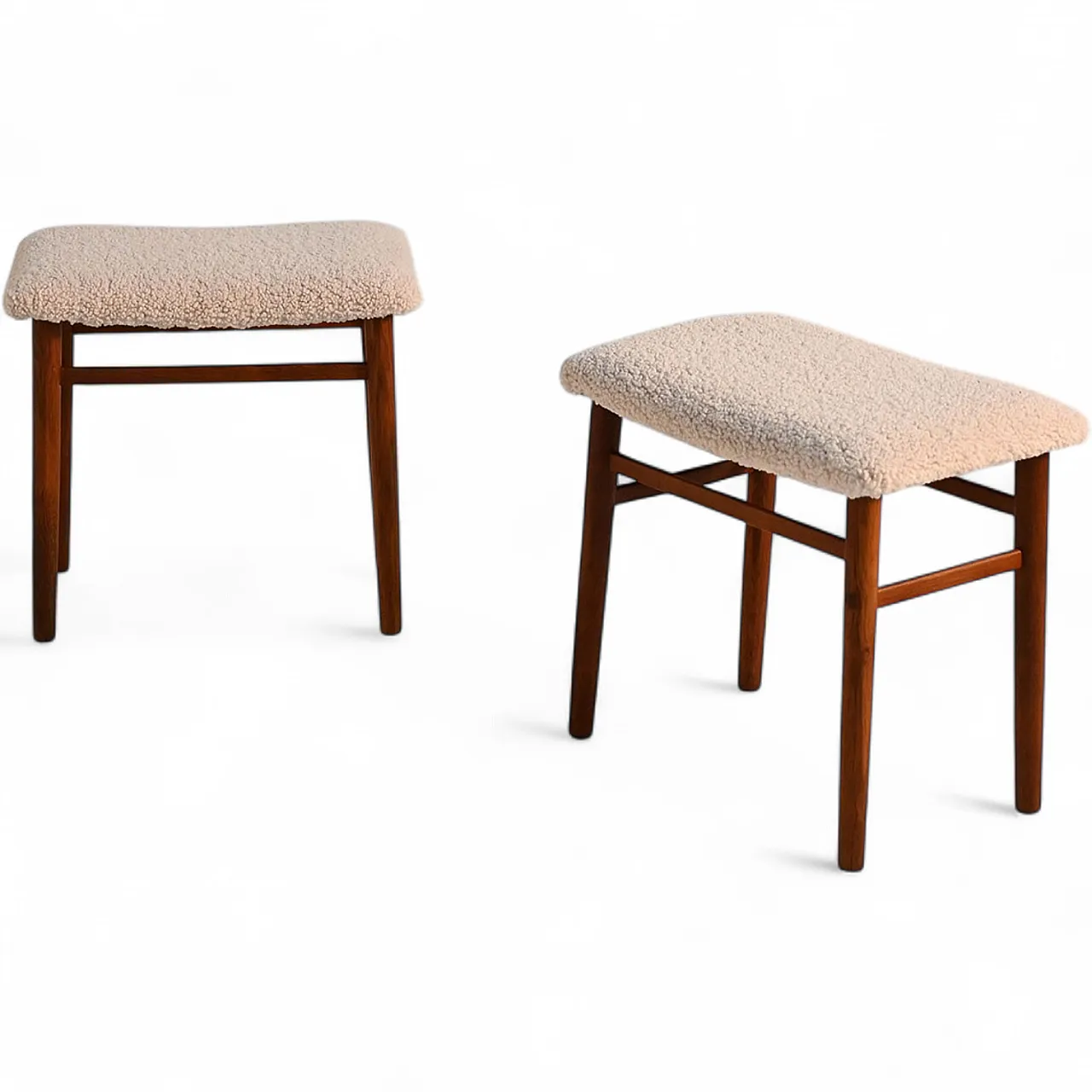 Pair of scandinavian stools in teak and sheepskin, 1960s 9