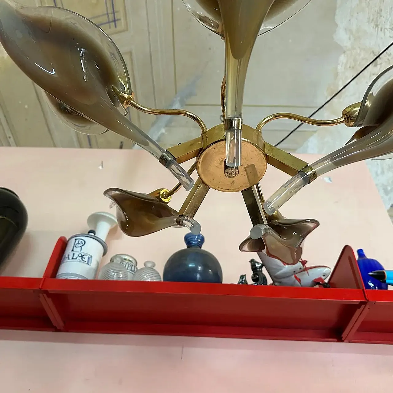 Murano glass and brass chandelier by Franco Luce, 1970s 7