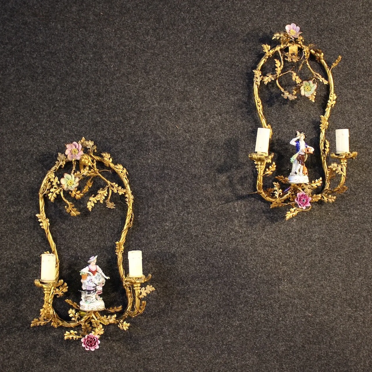 Pair of German wall lights with ceramic decorations, 20th century 1