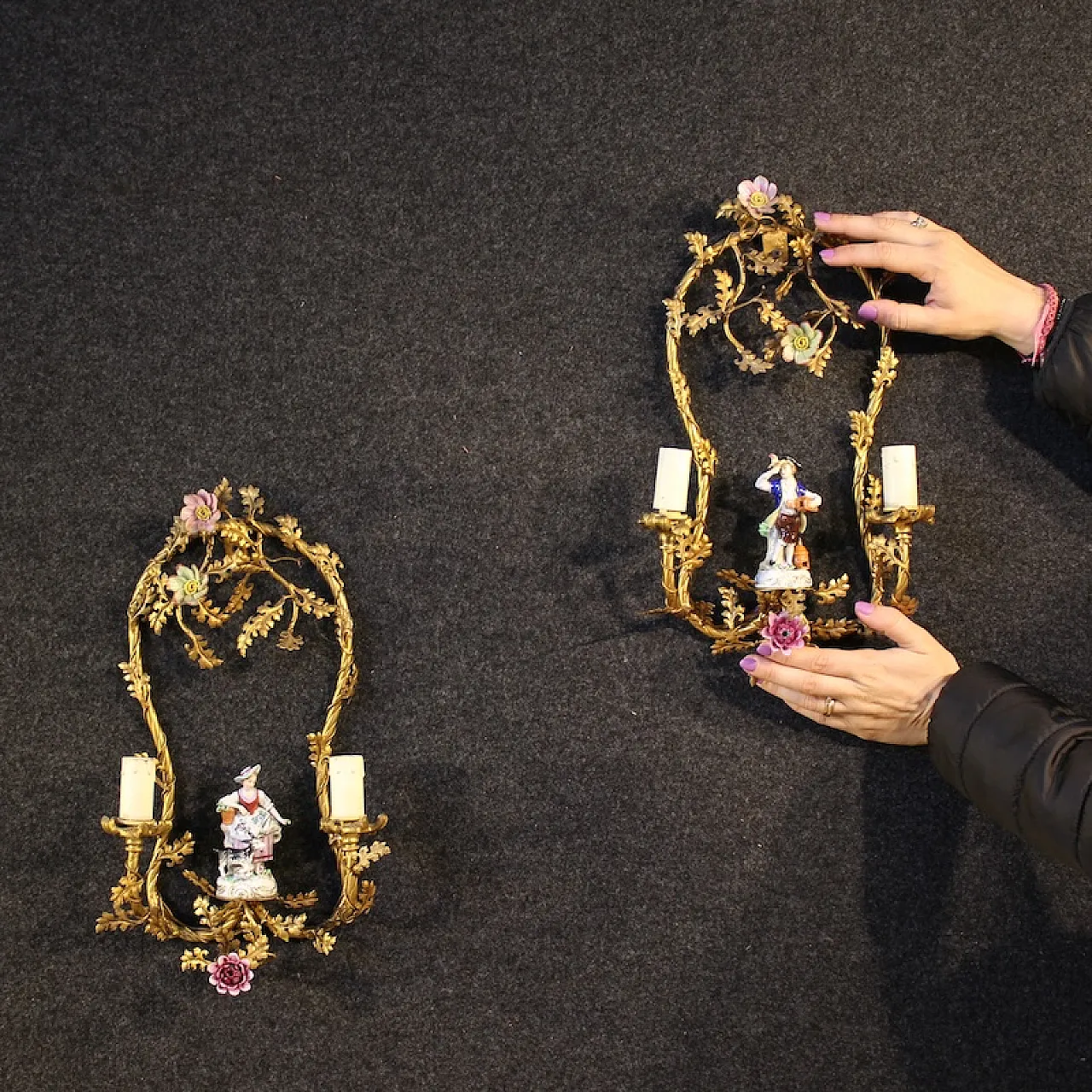 Pair of German wall lights with ceramic decorations, 20th century 2