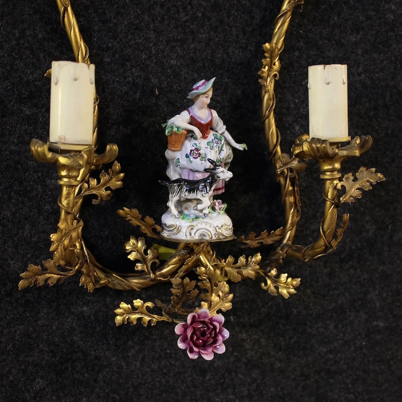 Pair of German wall lights with ceramic decorations, 20th century 6