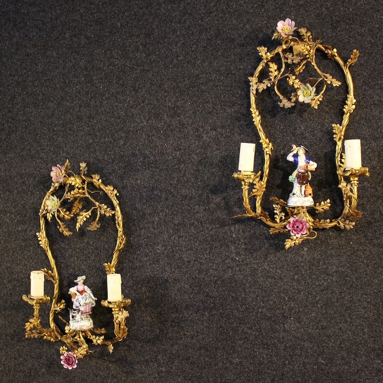 Pair of German wall lights with ceramic decorations, 20th century 11
