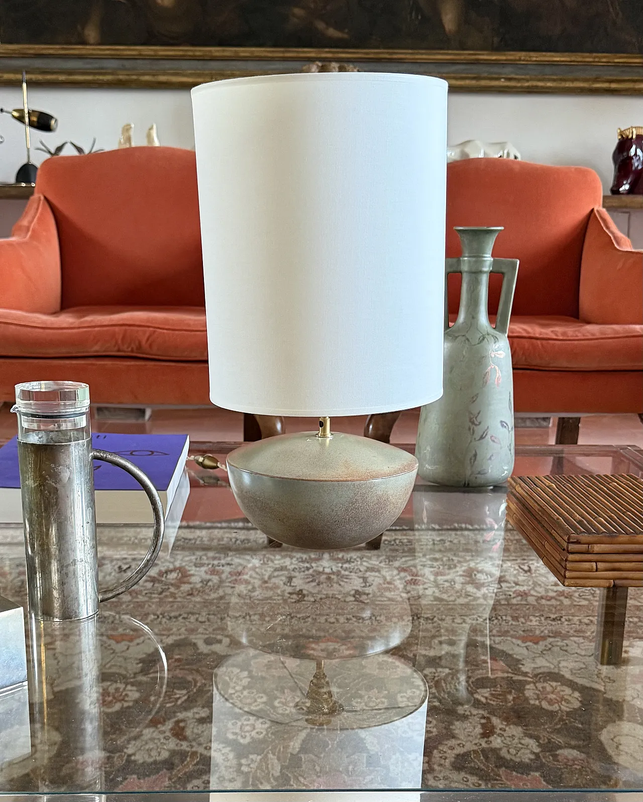 MidCentury Modern green ceramic lamp, Alain by Bin France 1970 4