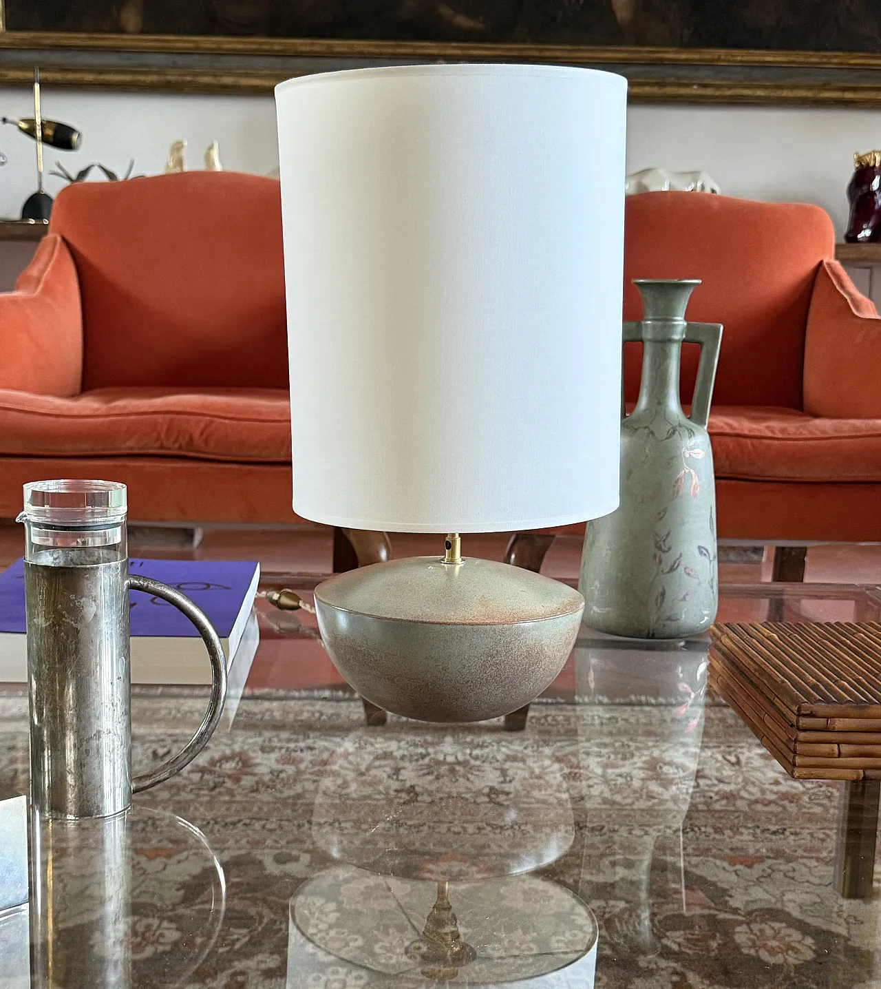 MidCentury Modern green ceramic lamp, Alain by Bin France 1970 5
