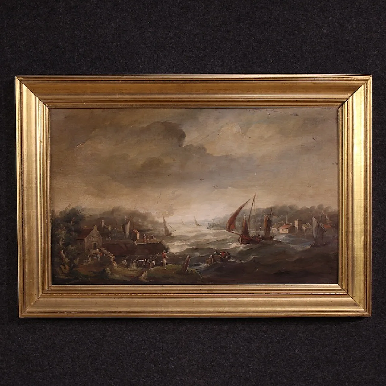 Flemish marine painting with boats and characters from the 20th century 1