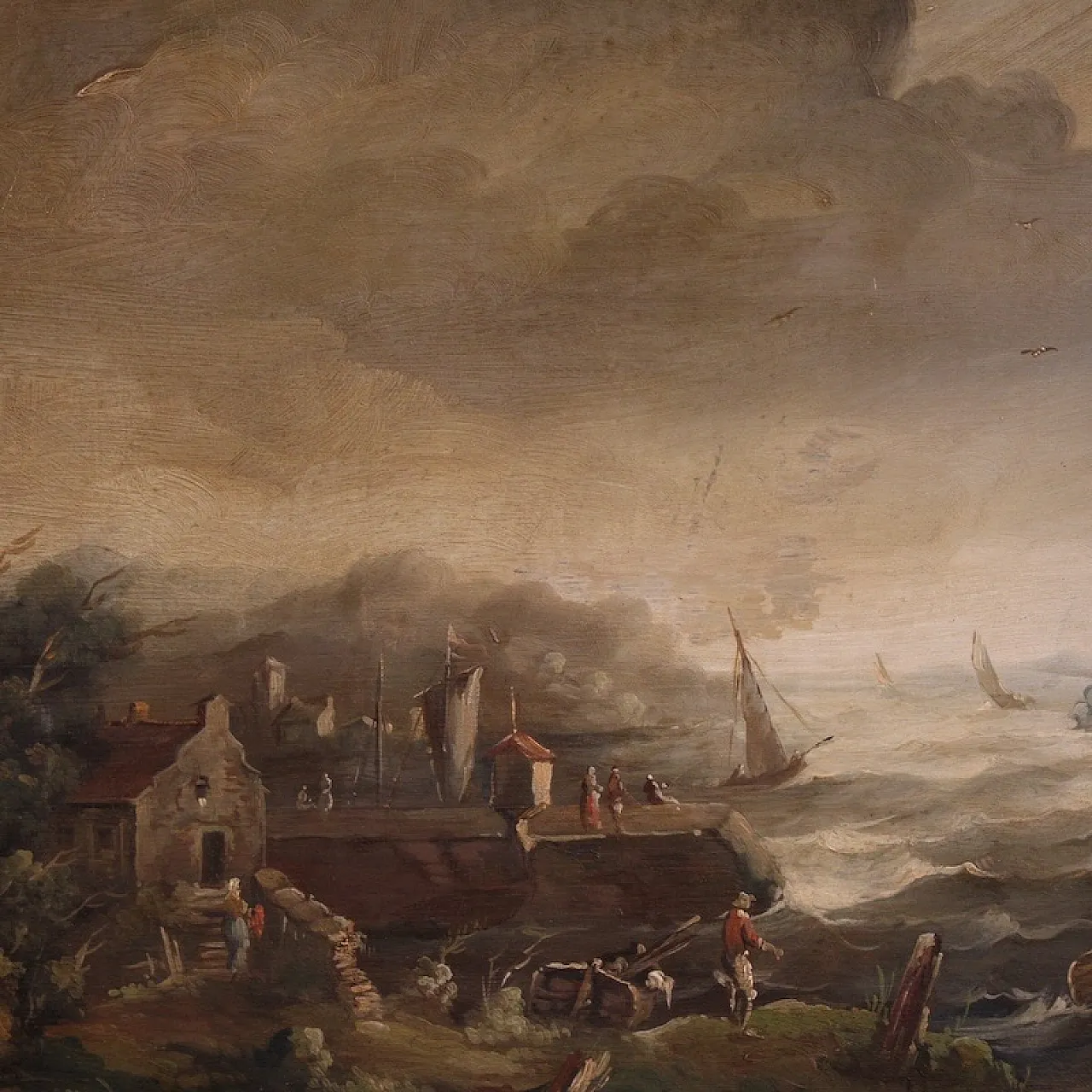 Flemish marine painting with boats and characters from the 20th century 3