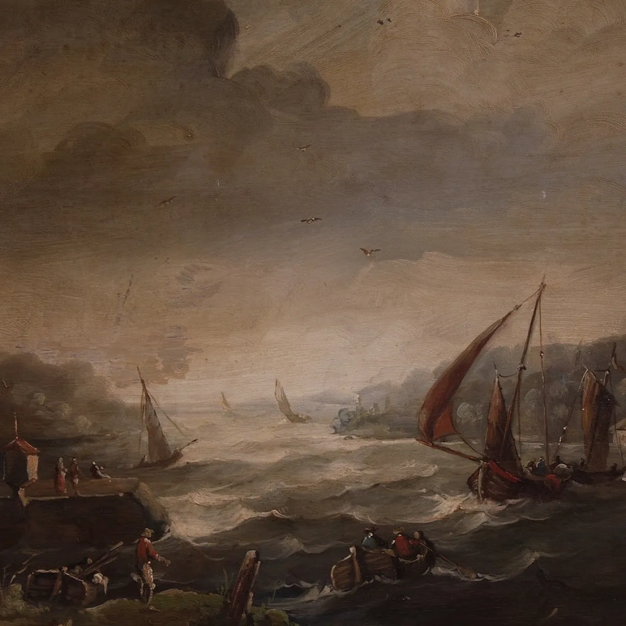 Flemish marine painting with boats and characters from the 20th century 5