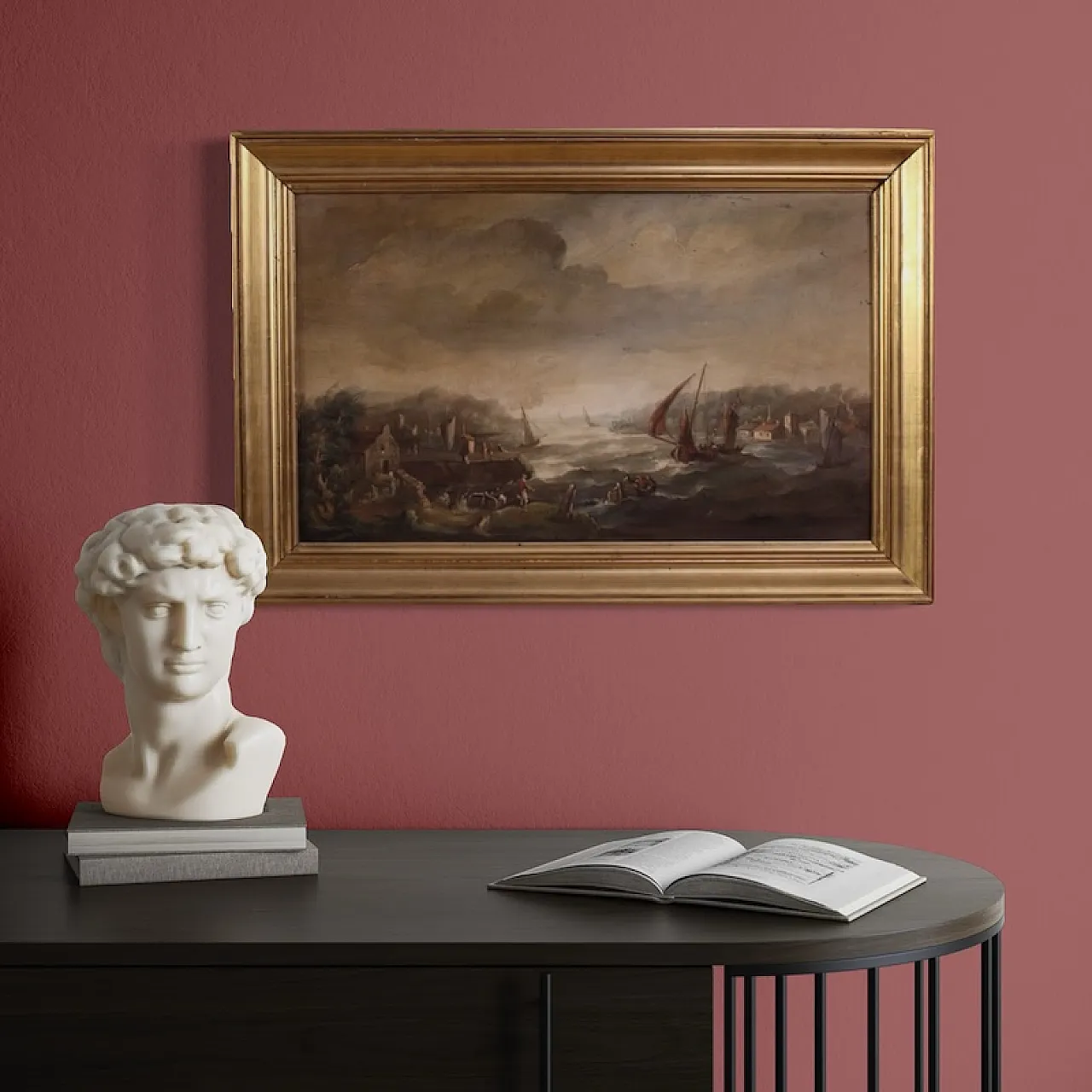 Flemish marine painting with boats and characters from the 20th century 7