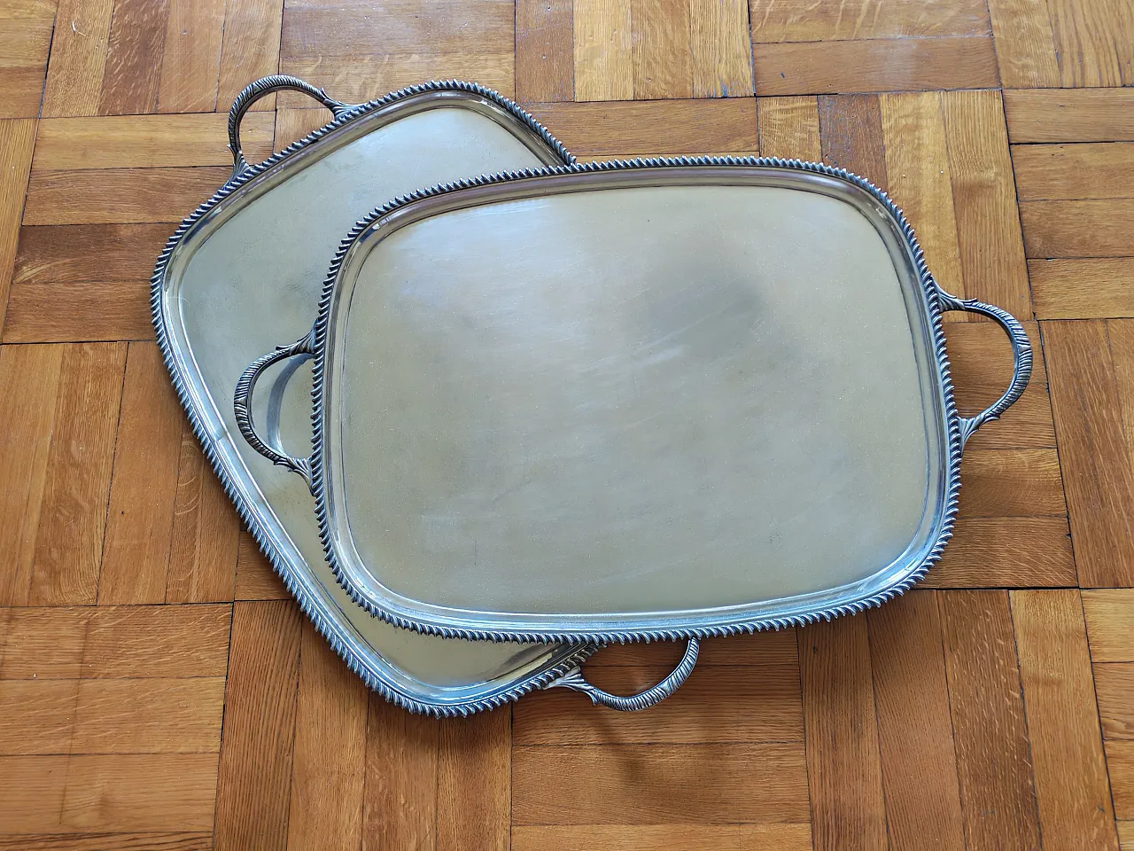 Pair of English silver serving trays, George III style, 30s 1
